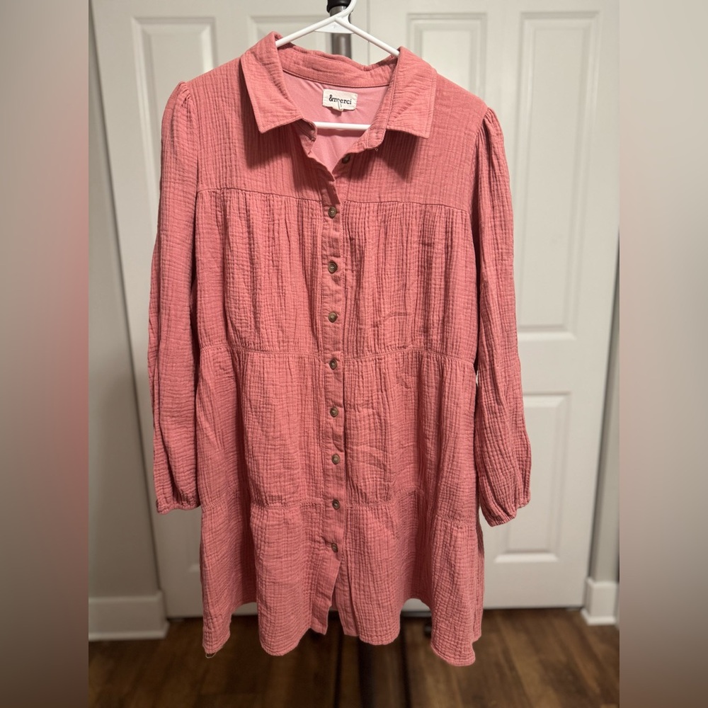 Textured Long Sleeve Pink Dress